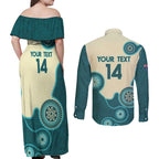 Custom Australia Boomers Couples Matching Off Shoulder Maxi Dress and Long Sleeve Button Shirt Aboriginal With Marble Pattern - Cyan