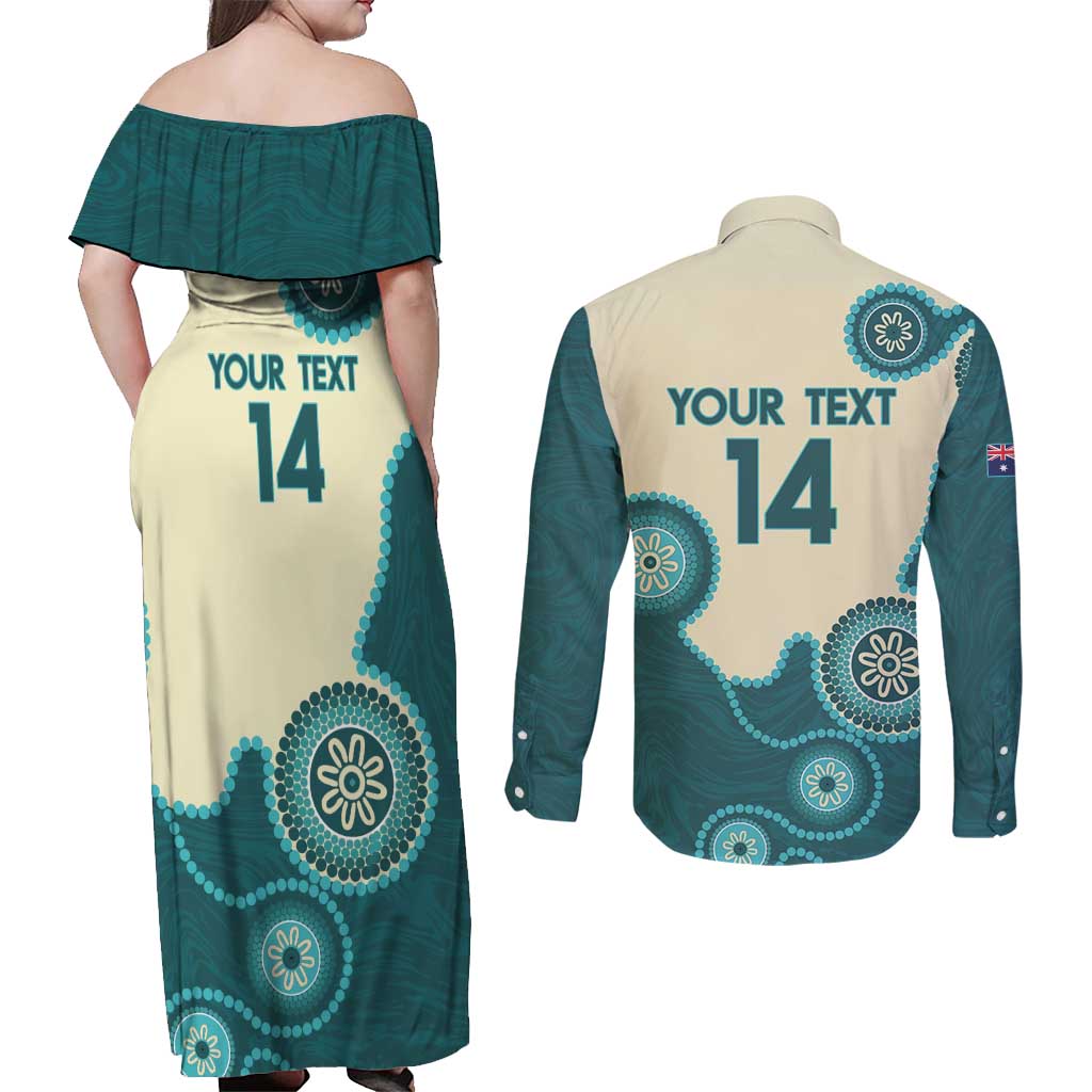 Custom Australia Boomers Couples Matching Off Shoulder Maxi Dress and Long Sleeve Button Shirt Aboriginal With Marble Pattern - Cyan