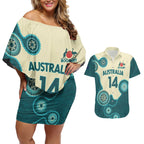 Custom Australia Boomers Couples Matching Off Shoulder Short Dress and Hawaiian Shirt Aboriginal With Marble Pattern - Cyan