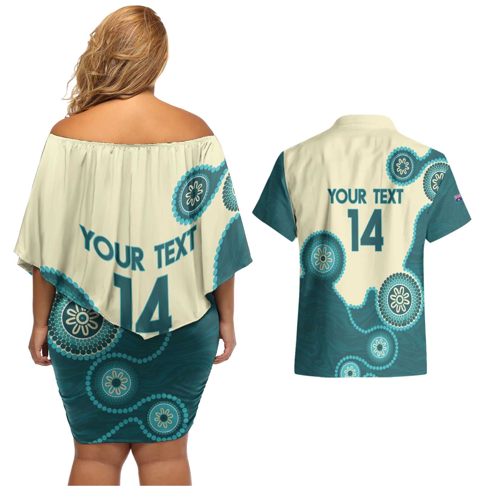 Custom Australia Boomers Couples Matching Off Shoulder Short Dress and Hawaiian Shirt Aboriginal With Marble Pattern - Cyan