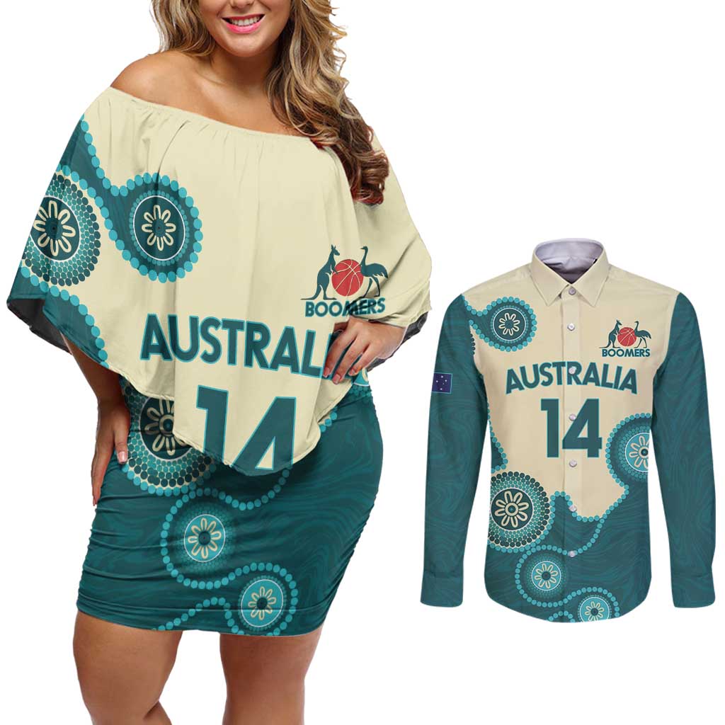 Custom Australia Boomers Couples Matching Off Shoulder Short Dress and Long Sleeve Button Shirt Aboriginal With Marble Pattern - Cyan