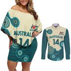 Custom Australia Boomers Couples Matching Off Shoulder Short Dress and Long Sleeve Button Shirt Aboriginal With Marble Pattern - Cyan