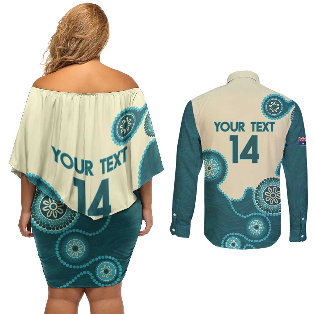 Custom Australia Boomers Couples Matching Off Shoulder Short Dress and Long Sleeve Button Shirt Aboriginal With Marble Pattern - Cyan