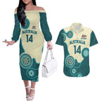 Custom Australia Boomers Couples Matching Off The Shoulder Long Sleeve Dress and Hawaiian Shirt Aboriginal With Marble Pattern - Cyan