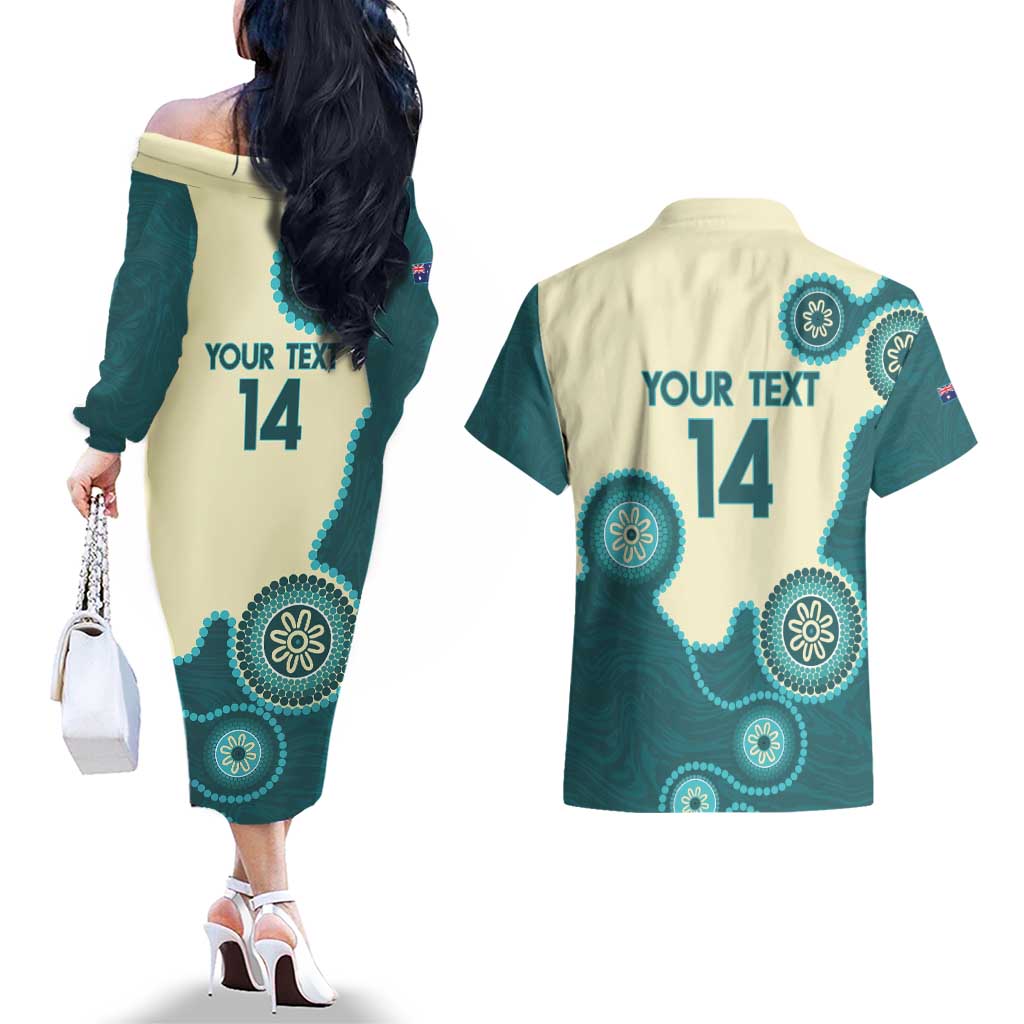 Custom Australia Boomers Couples Matching Off The Shoulder Long Sleeve Dress and Hawaiian Shirt Aboriginal With Marble Pattern - Cyan