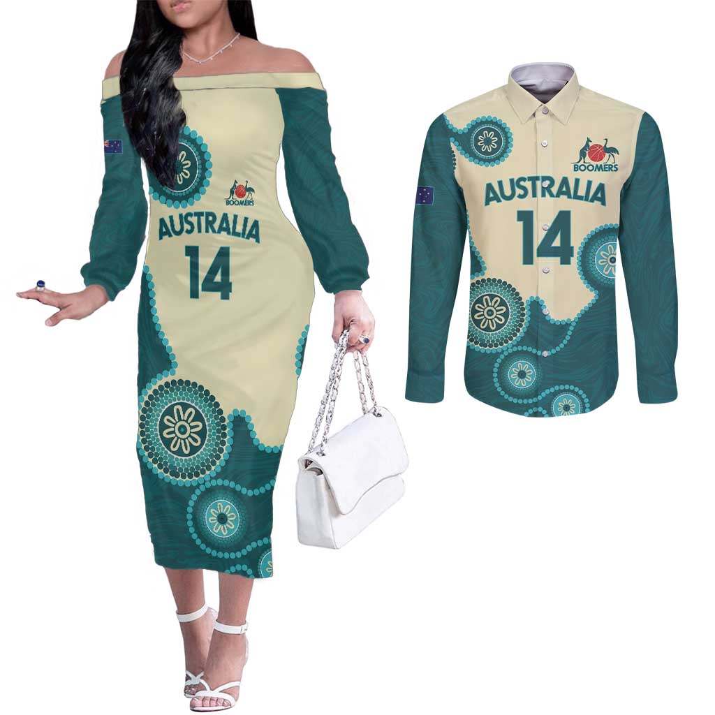 Custom Australia Boomers Couples Matching Off The Shoulder Long Sleeve Dress and Long Sleeve Button Shirt Aboriginal With Marble Pattern - Cyan