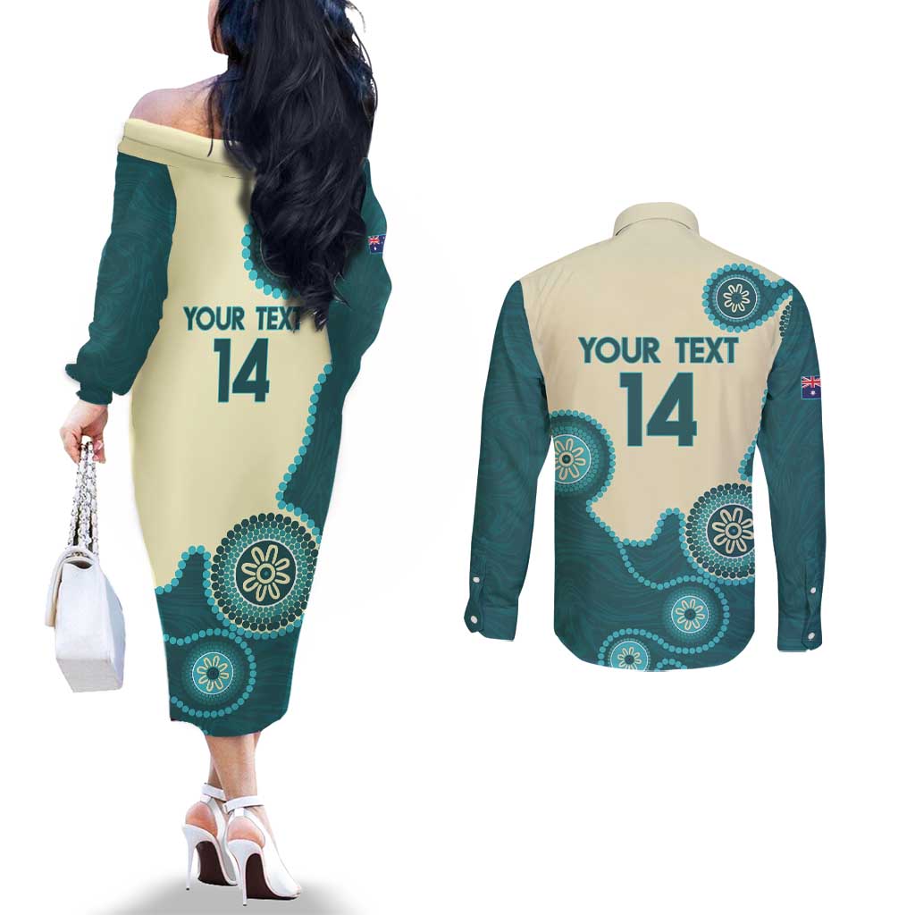 Custom Australia Boomers Couples Matching Off The Shoulder Long Sleeve Dress and Long Sleeve Button Shirt Aboriginal With Marble Pattern - Cyan