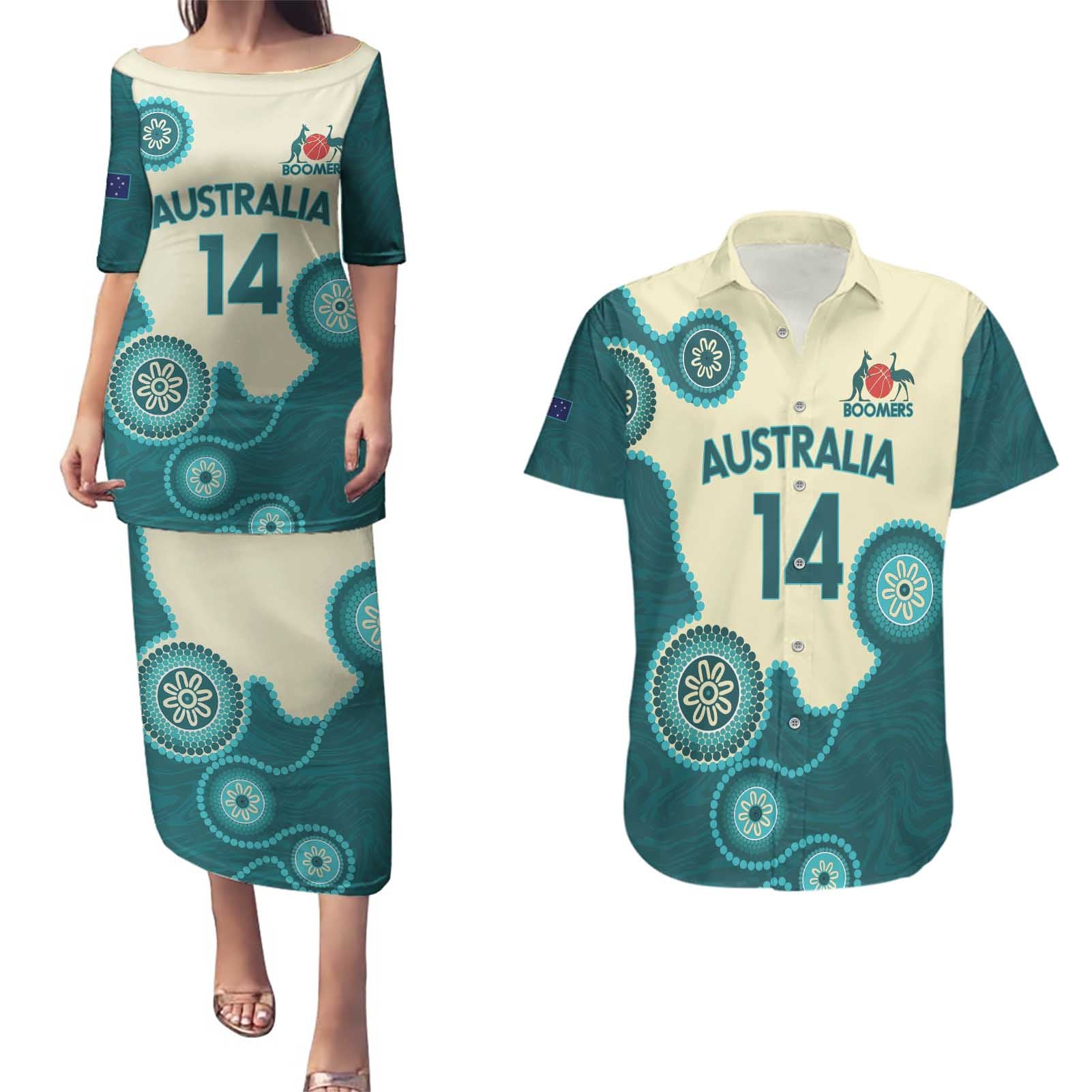 Custom Australia Boomers Couples Matching Puletasi and Hawaiian Shirt Aboriginal With Marble Pattern - Cyan