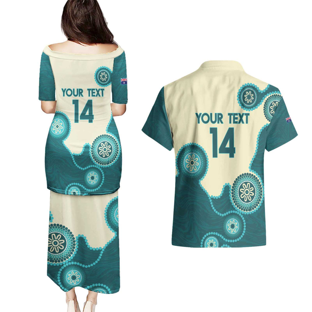 Custom Australia Boomers Couples Matching Puletasi and Hawaiian Shirt Aboriginal With Marble Pattern - Cyan