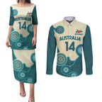 Custom Australia Boomers Couples Matching Puletasi and Long Sleeve Button Shirt Aboriginal With Marble Pattern - Cyan