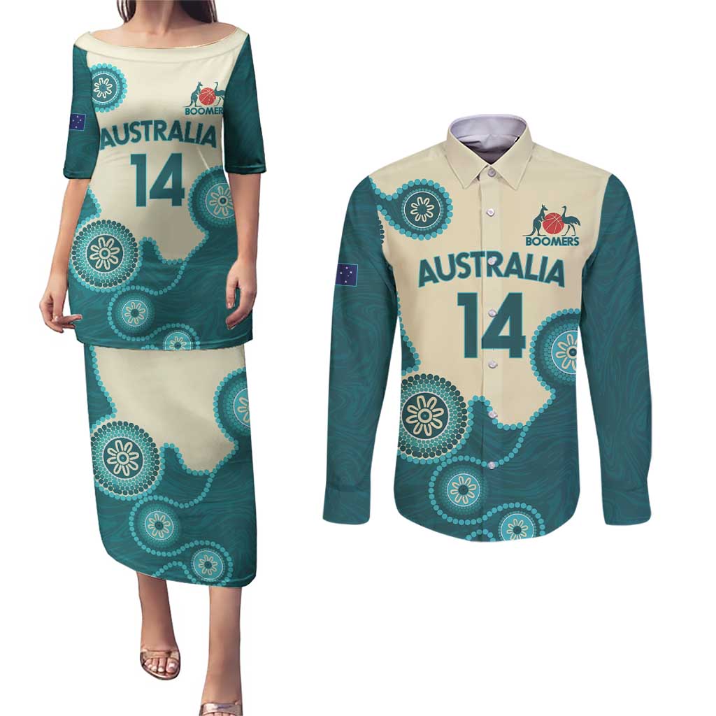 Custom Australia Boomers Couples Matching Puletasi and Long Sleeve Button Shirt Aboriginal With Marble Pattern - Cyan