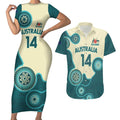 Custom Australia Boomers Couples Matching Short Sleeve Bodycon Dress and Hawaiian Shirt Aboriginal With Marble Pattern - Cyan