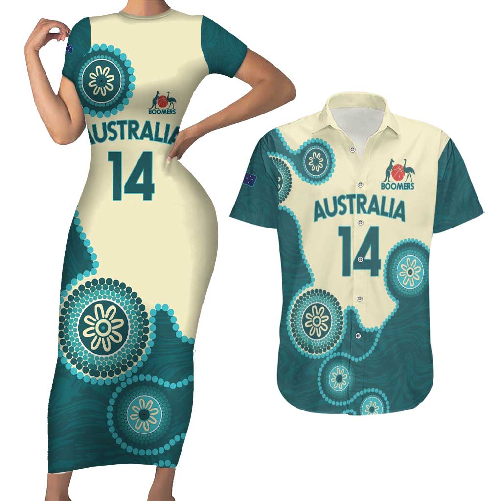 Custom Australia Boomers Couples Matching Short Sleeve Bodycon Dress and Hawaiian Shirt Aboriginal With Marble Pattern - Cyan