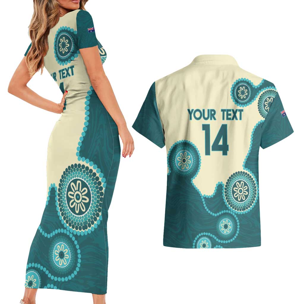 Custom Australia Boomers Couples Matching Short Sleeve Bodycon Dress and Hawaiian Shirt Aboriginal With Marble Pattern - Cyan