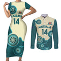 Custom Australia Boomers Couples Matching Short Sleeve Bodycon Dress and Long Sleeve Button Shirt Aboriginal With Marble Pattern - Cyan