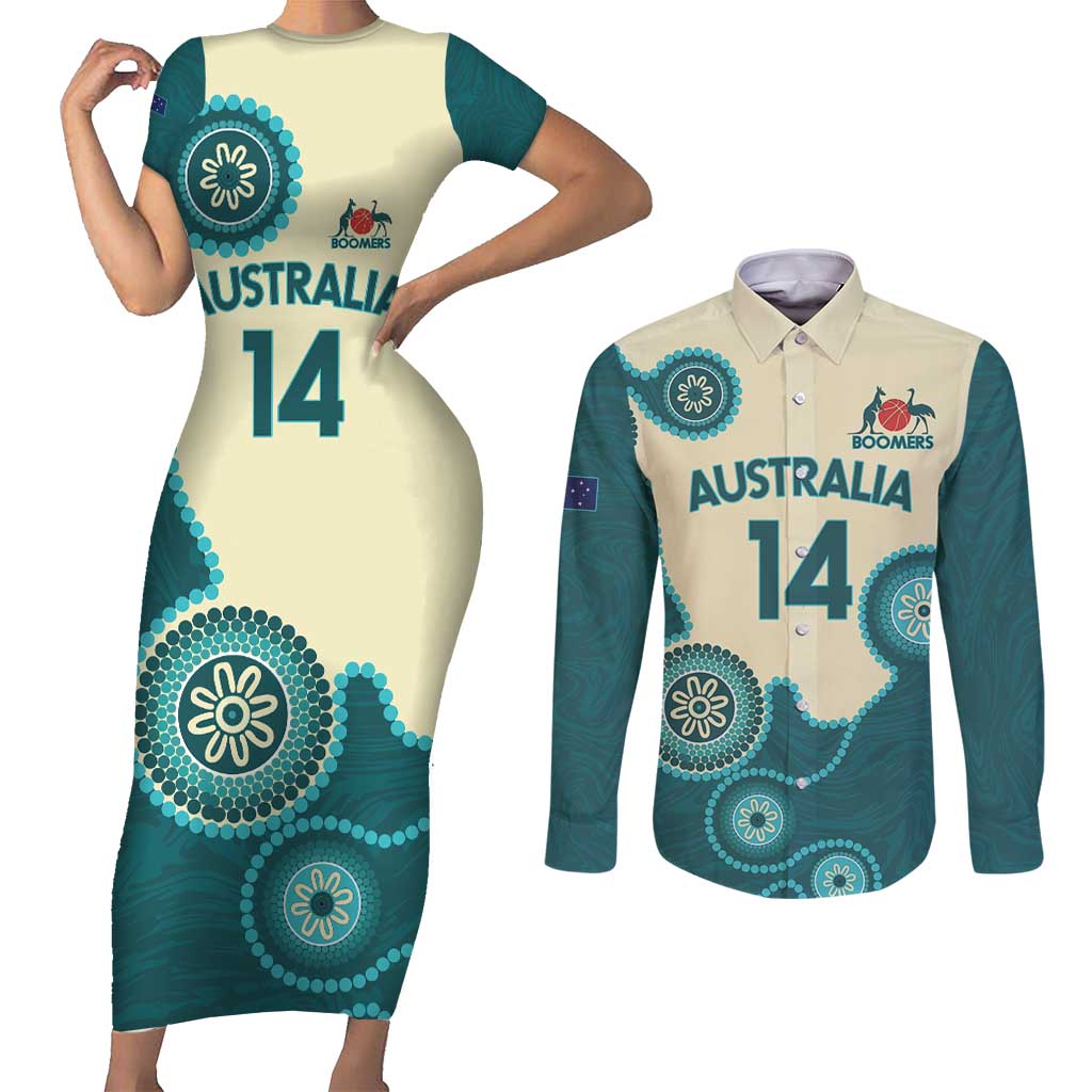 Custom Australia Boomers Couples Matching Short Sleeve Bodycon Dress and Long Sleeve Button Shirt Aboriginal With Marble Pattern - Cyan