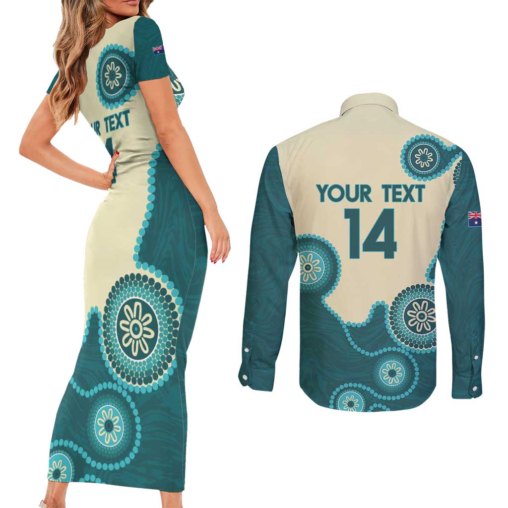 Custom Australia Boomers Couples Matching Short Sleeve Bodycon Dress and Long Sleeve Button Shirt Aboriginal With Marble Pattern - Cyan
