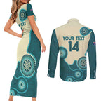 Custom Australia Boomers Couples Matching Short Sleeve Bodycon Dress and Long Sleeve Button Shirt Aboriginal With Marble Pattern - Cyan