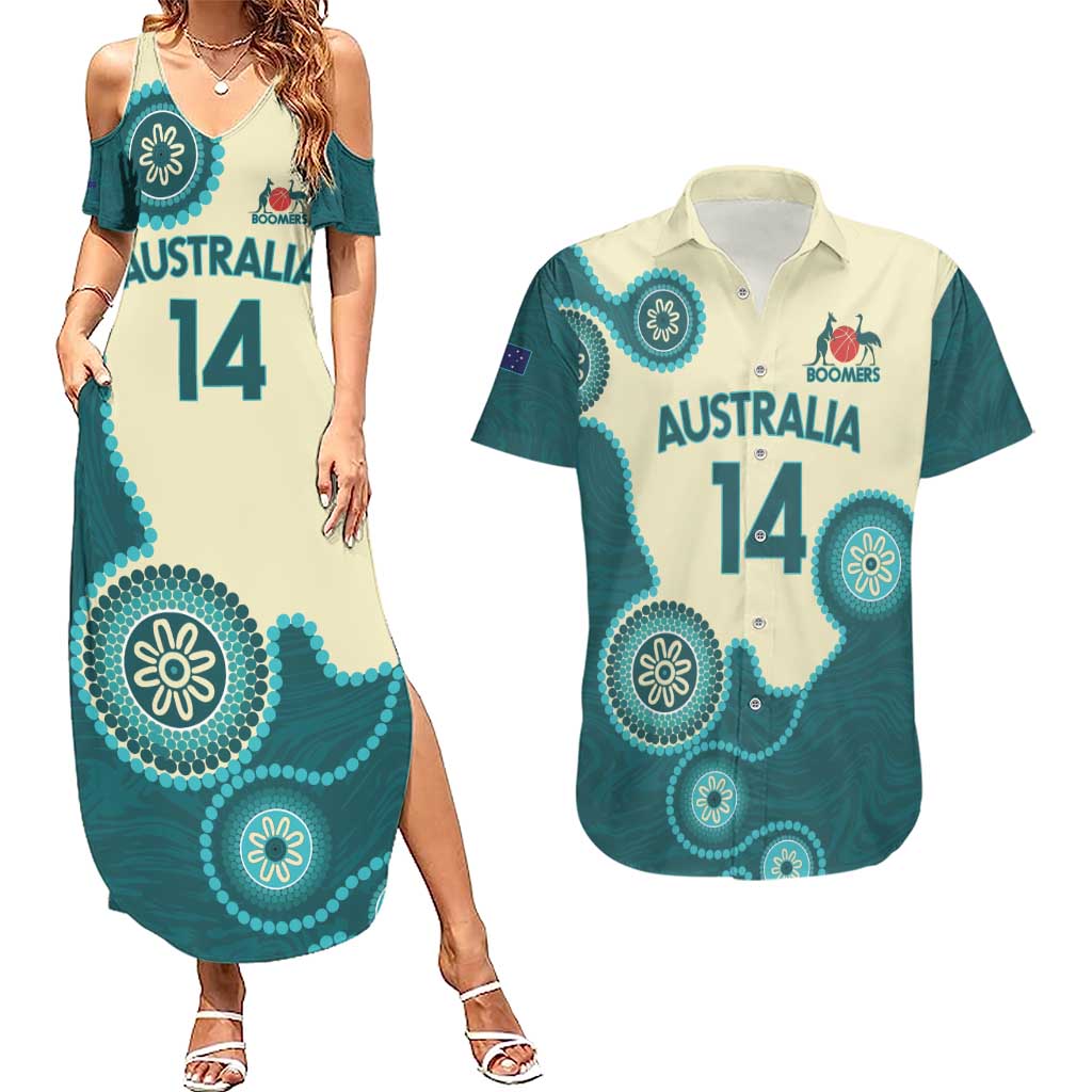 Custom Australia Boomers Couples Matching Summer Maxi Dress and Hawaiian Shirt Aboriginal With Marble Pattern - Cyan