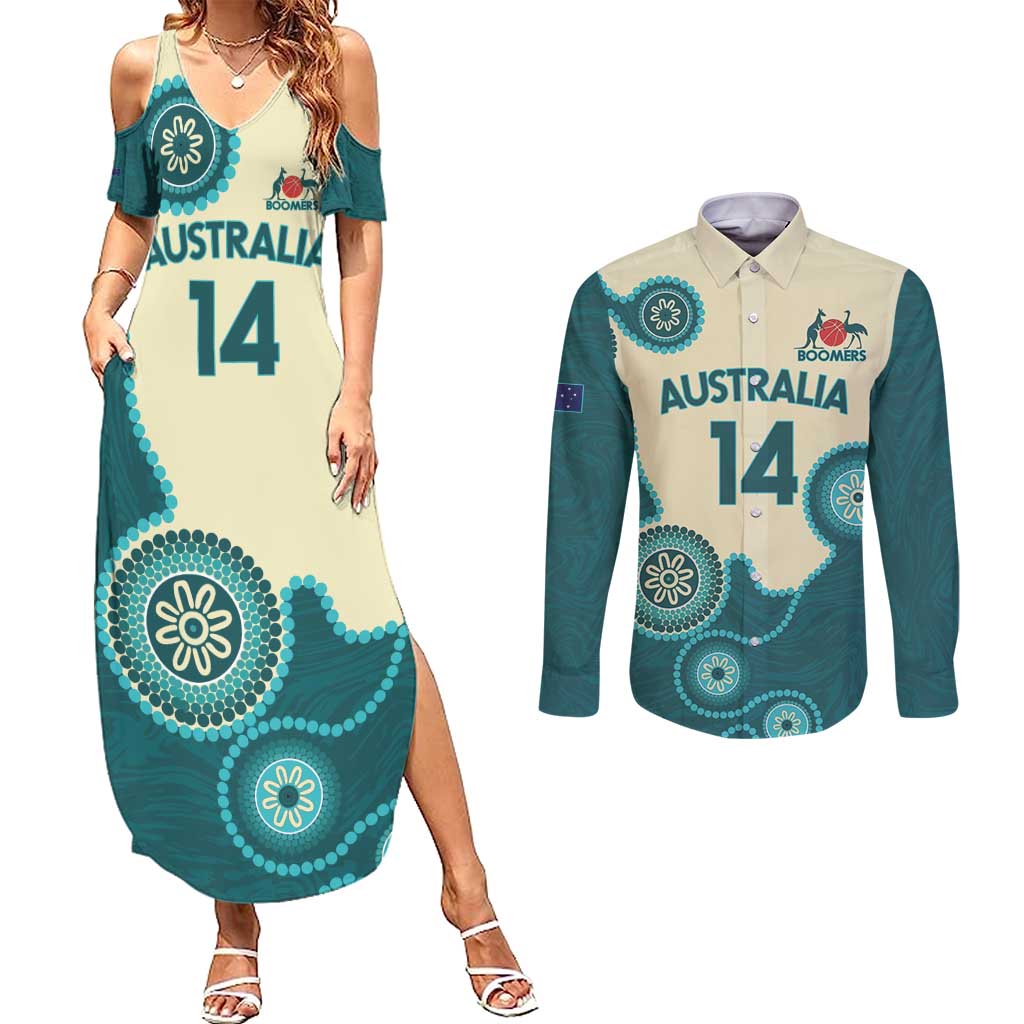 Custom Australia Boomers Couples Matching Summer Maxi Dress and Long Sleeve Button Shirt Aboriginal With Marble Pattern - Cyan