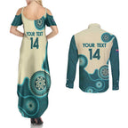 Custom Australia Boomers Couples Matching Summer Maxi Dress and Long Sleeve Button Shirt Aboriginal With Marble Pattern - Cyan