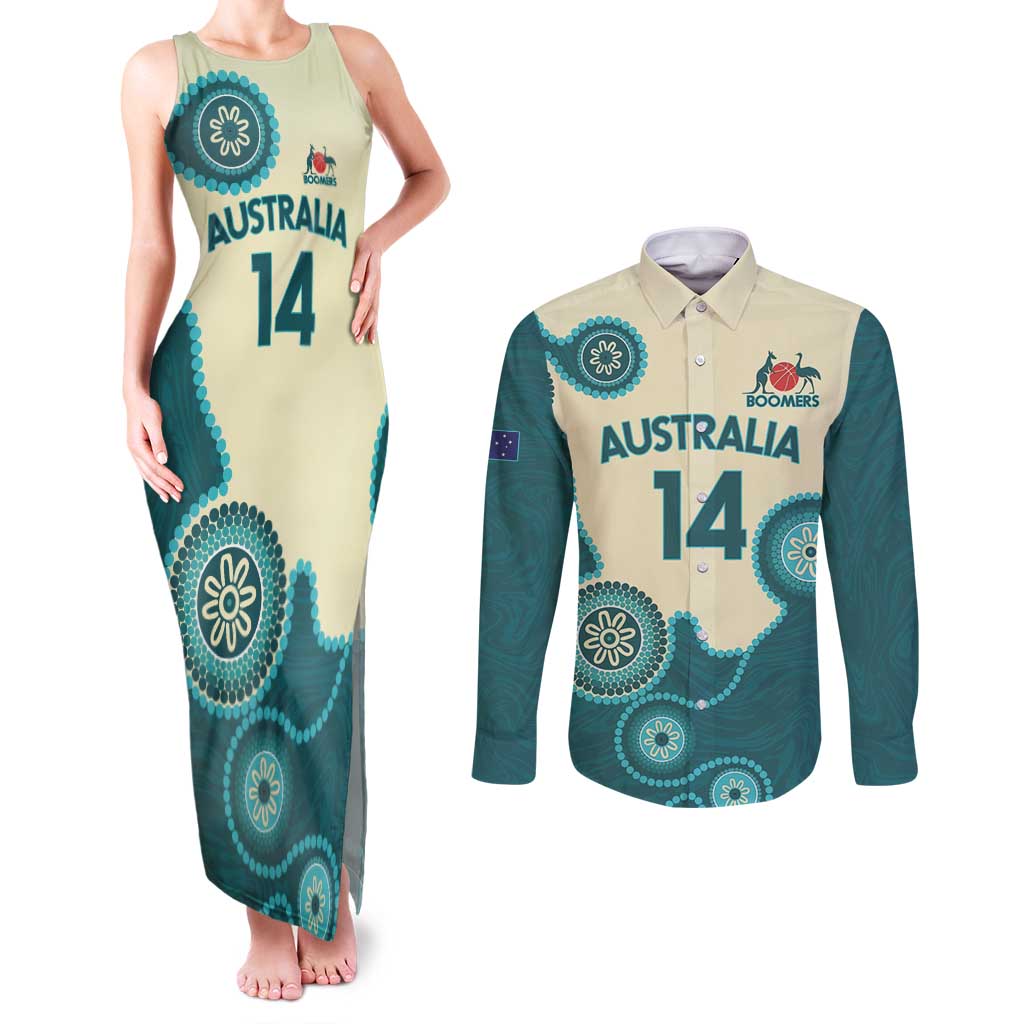 Custom Australia Boomers Couples Matching Tank Maxi Dress and Long Sleeve Button Shirt Aboriginal With Marble Pattern - Cyan