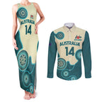 Custom Australia Boomers Couples Matching Tank Maxi Dress and Long Sleeve Button Shirt Aboriginal With Marble Pattern - Cyan