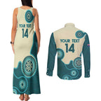 Custom Australia Boomers Couples Matching Tank Maxi Dress and Long Sleeve Button Shirt Aboriginal With Marble Pattern - Cyan