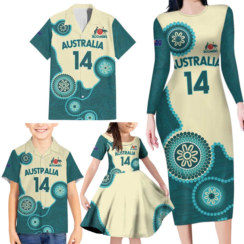 Custom Australia Boomers Family Matching Long Sleeve Bodycon Dress and Hawaiian Shirt Aboriginal With Marble Pattern - Cyan