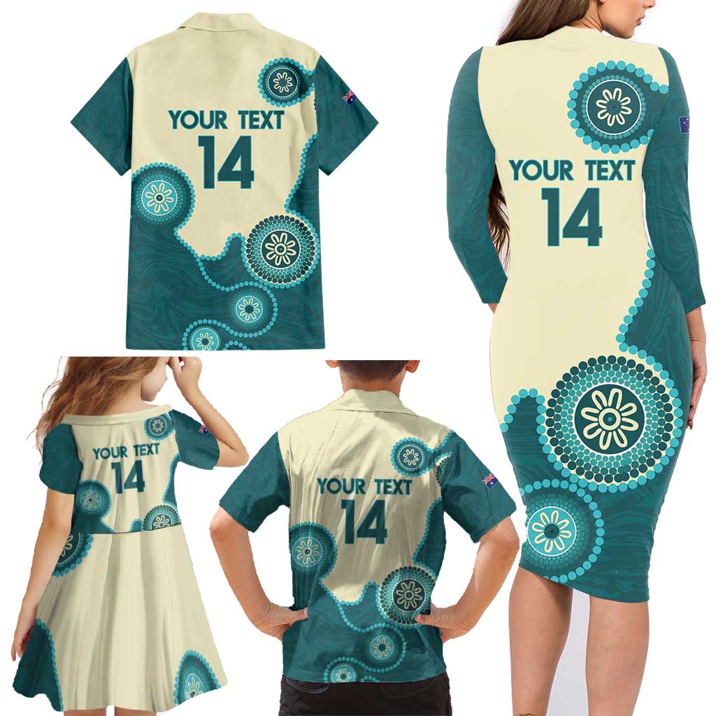 Custom Australia Boomers Family Matching Long Sleeve Bodycon Dress and Hawaiian Shirt Aboriginal With Marble Pattern - Cyan