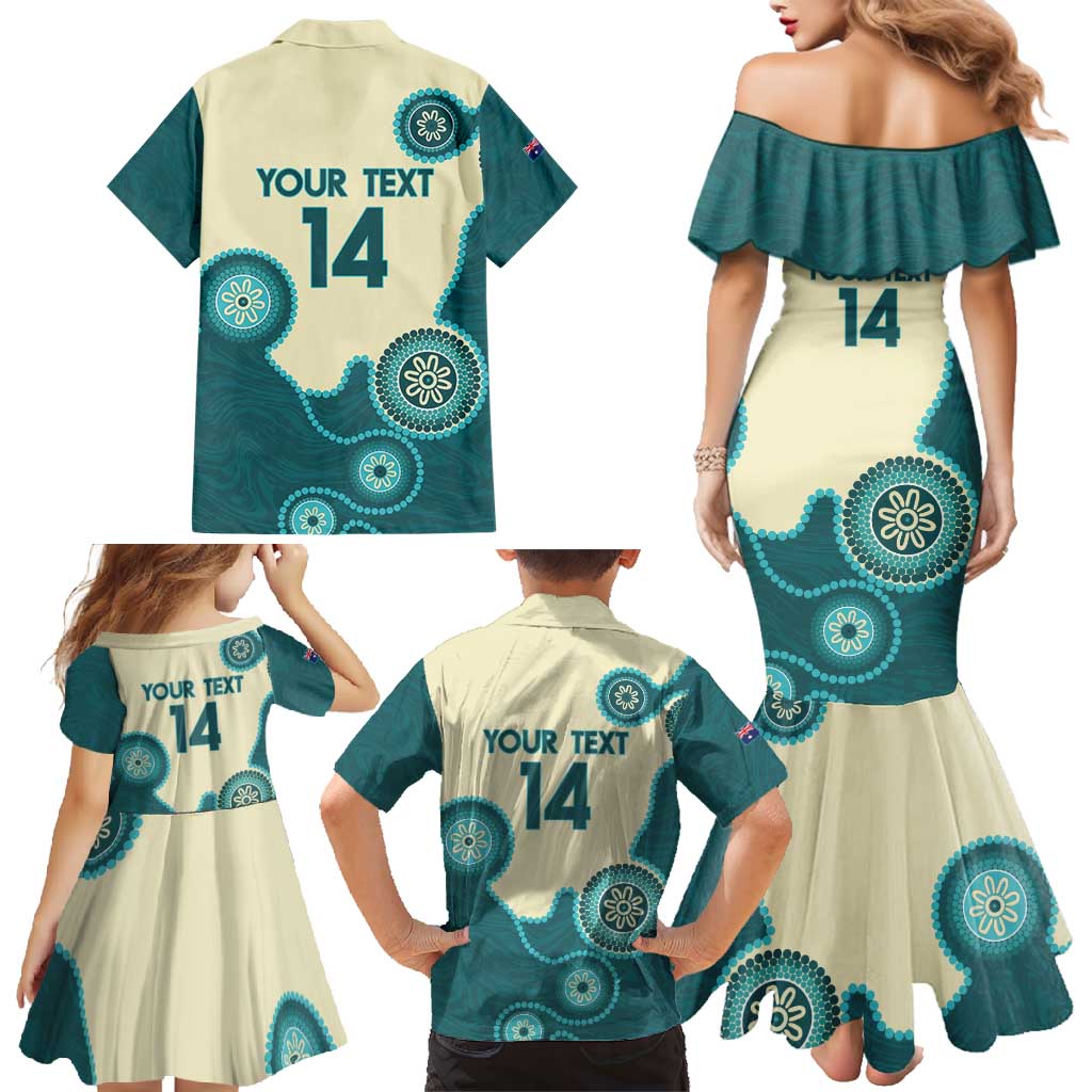 Custom Australia Boomers Family Matching Mermaid Dress and Hawaiian Shirt Aboriginal With Marble Pattern - Cyan