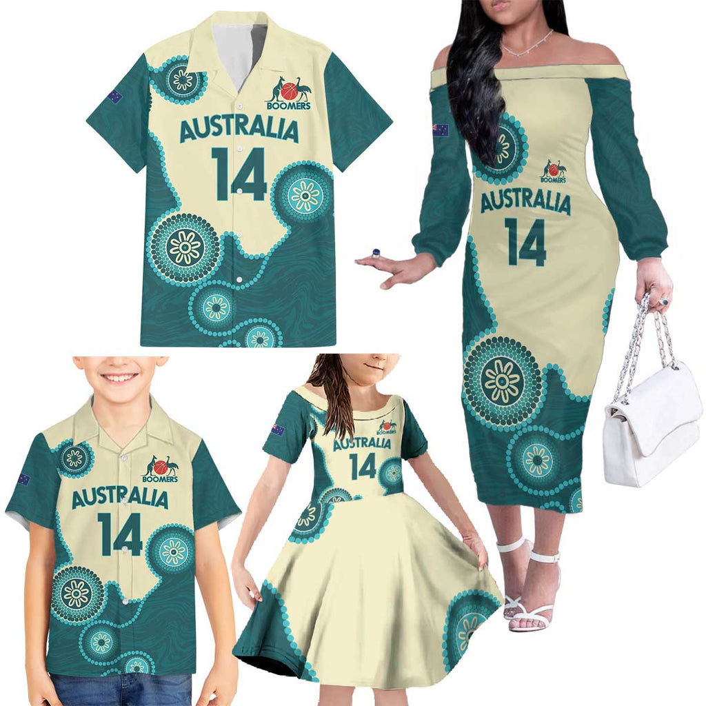 Custom Australia Boomers Family Matching Off The Shoulder Long Sleeve Dress and Hawaiian Shirt Aboriginal With Marble Pattern - Cyan
