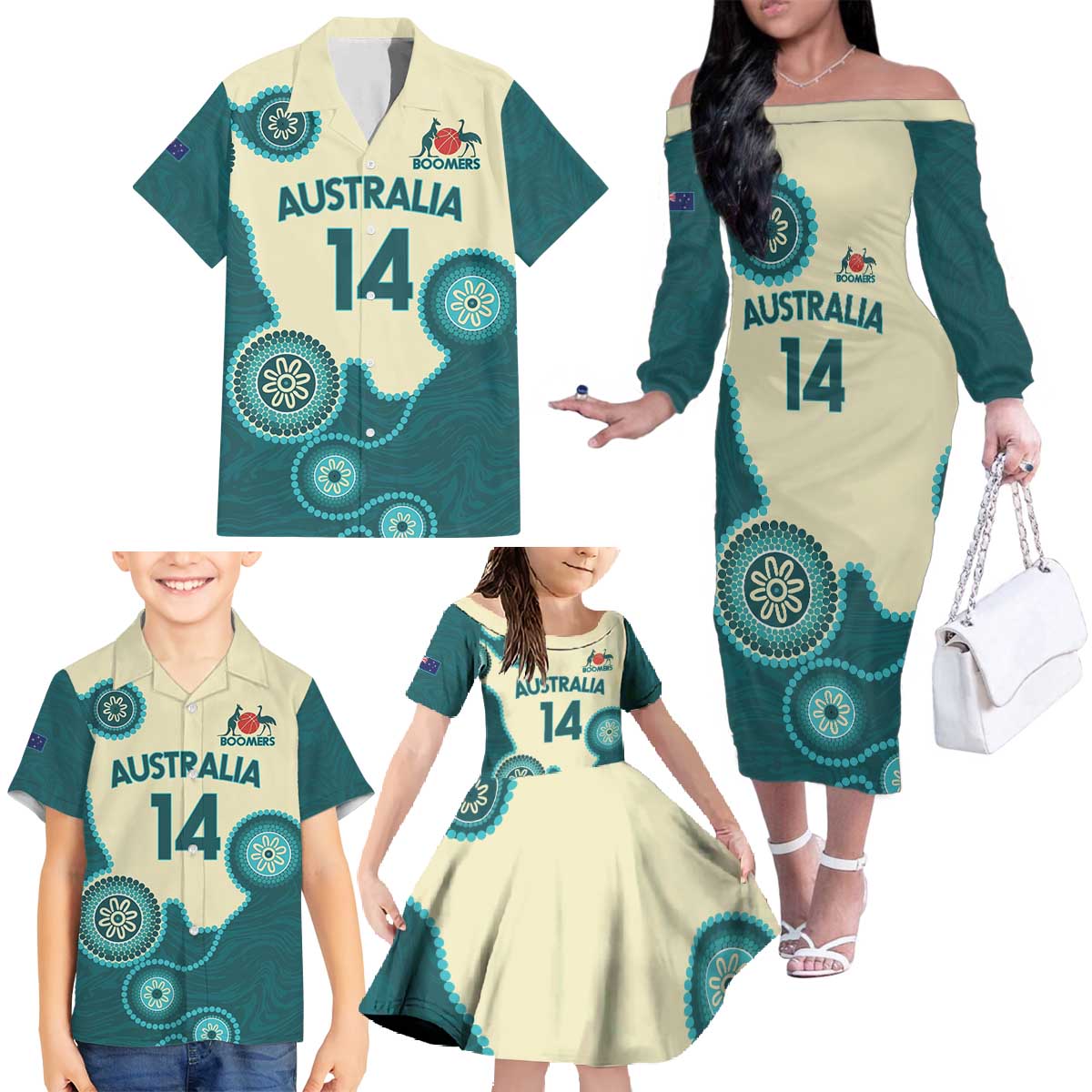 Custom Australia Boomers Family Matching Off The Shoulder Long Sleeve Dress and Hawaiian Shirt Aboriginal With Marble Pattern - Cyan