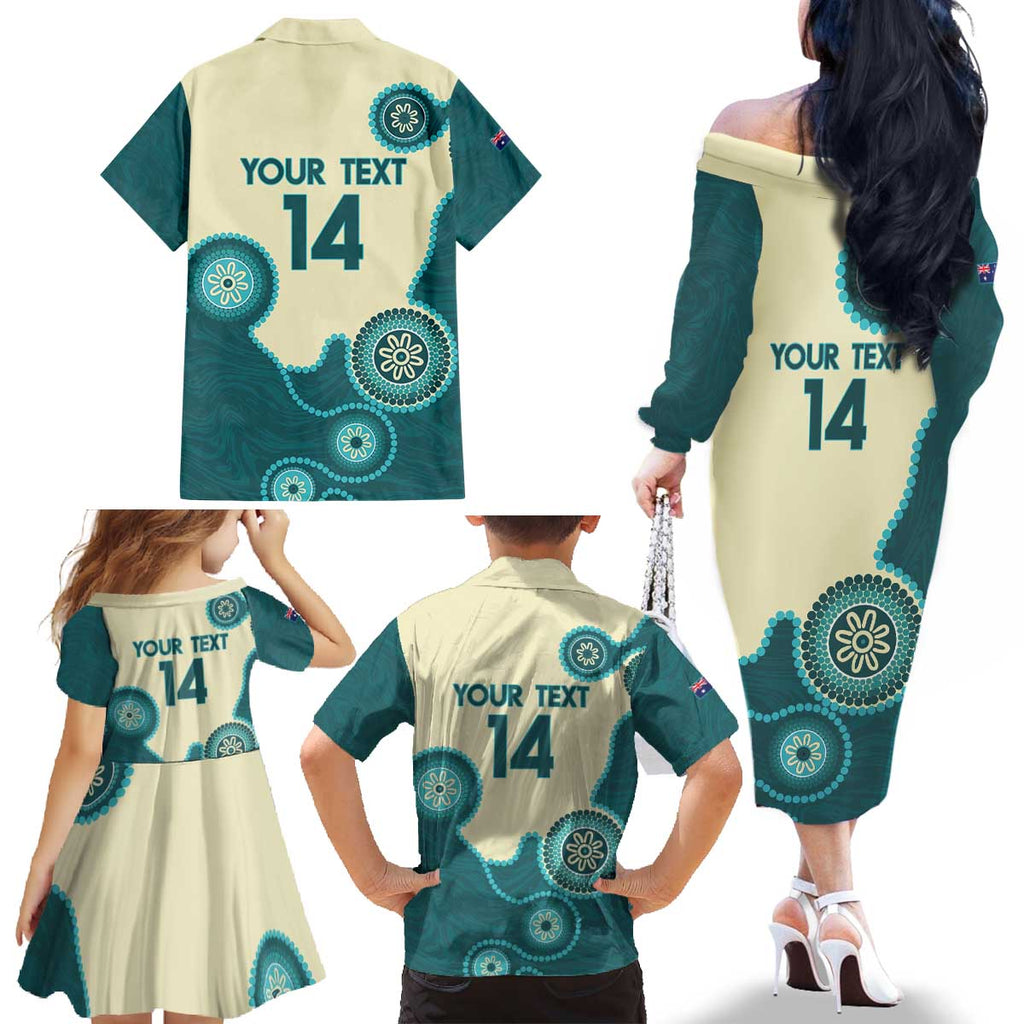 Custom Australia Boomers Family Matching Off The Shoulder Long Sleeve Dress and Hawaiian Shirt Aboriginal With Marble Pattern - Cyan