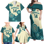 Custom Australia Boomers Family Matching Off Shoulder Maxi Dress and Hawaiian Shirt Aboriginal With Marble Pattern - Cyan