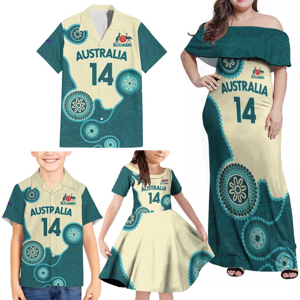 Custom Australia Boomers Family Matching Off Shoulder Maxi Dress and Hawaiian Shirt Aboriginal With Marble Pattern - Cyan