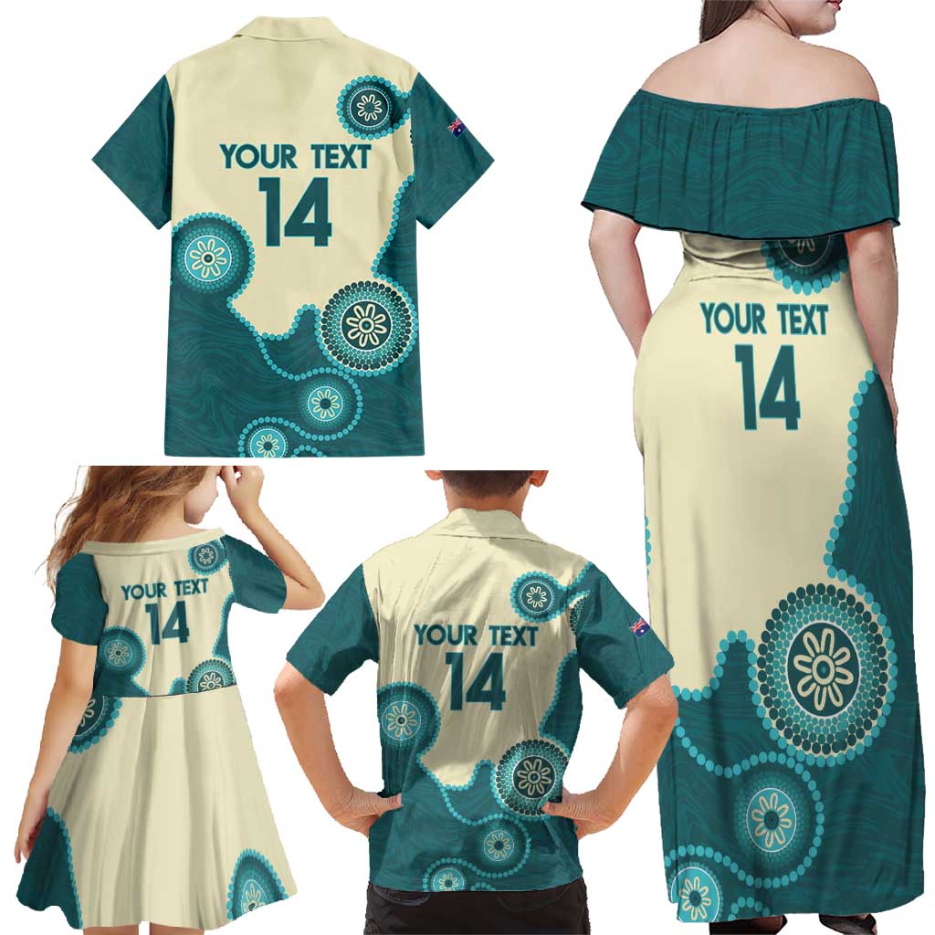 Custom Australia Boomers Family Matching Off Shoulder Maxi Dress and Hawaiian Shirt Aboriginal With Marble Pattern - Cyan