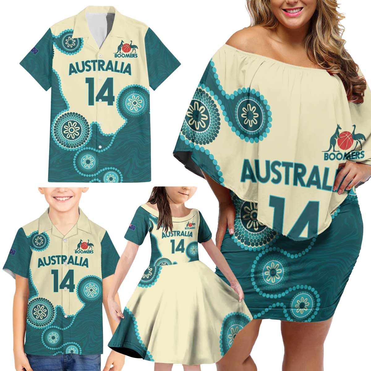 Custom Australia Boomers Family Matching Off Shoulder Short Dress and Hawaiian Shirt Aboriginal With Marble Pattern - Cyan