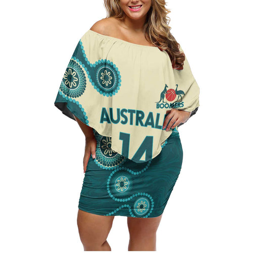 Custom Australia Boomers Family Matching Off Shoulder Short Dress and Hawaiian Shirt Aboriginal With Marble Pattern - Cyan