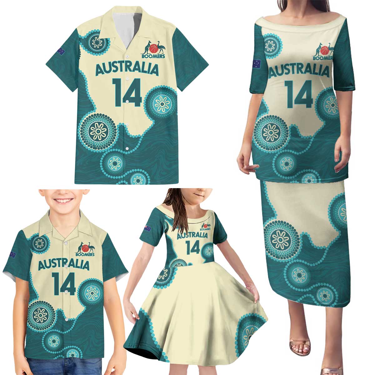 Custom Australia Boomers Family Matching Puletasi and Hawaiian Shirt Aboriginal With Marble Pattern - Cyan