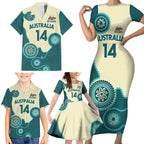 Custom Australia Boomers Family Matching Short Sleeve Bodycon Dress and Hawaiian Shirt Aboriginal With Marble Pattern - Cyan