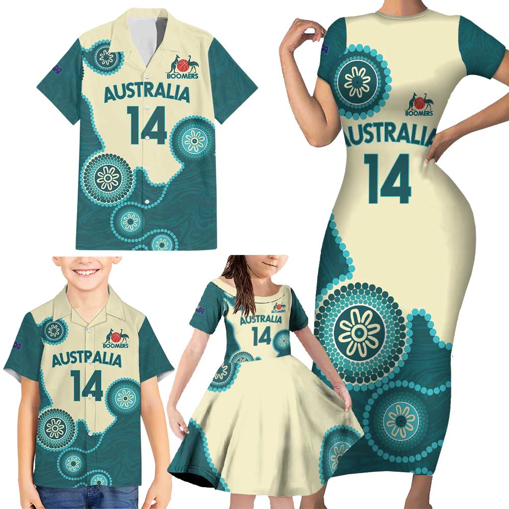 Custom Australia Boomers Family Matching Short Sleeve Bodycon Dress and Hawaiian Shirt Aboriginal With Marble Pattern - Cyan