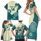Custom Australia Boomers Family Matching Short Sleeve Bodycon Dress and Hawaiian Shirt Aboriginal With Marble Pattern - Cyan