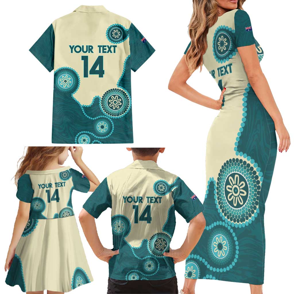 Custom Australia Boomers Family Matching Short Sleeve Bodycon Dress and Hawaiian Shirt Aboriginal With Marble Pattern - Cyan