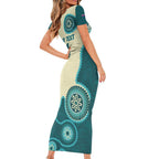 Custom Australia Boomers Family Matching Short Sleeve Bodycon Dress and Hawaiian Shirt Aboriginal With Marble Pattern - Cyan