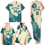 Custom Australia Boomers Family Matching Tank Maxi Dress and Hawaiian Shirt Aboriginal With Marble Pattern - Cyan