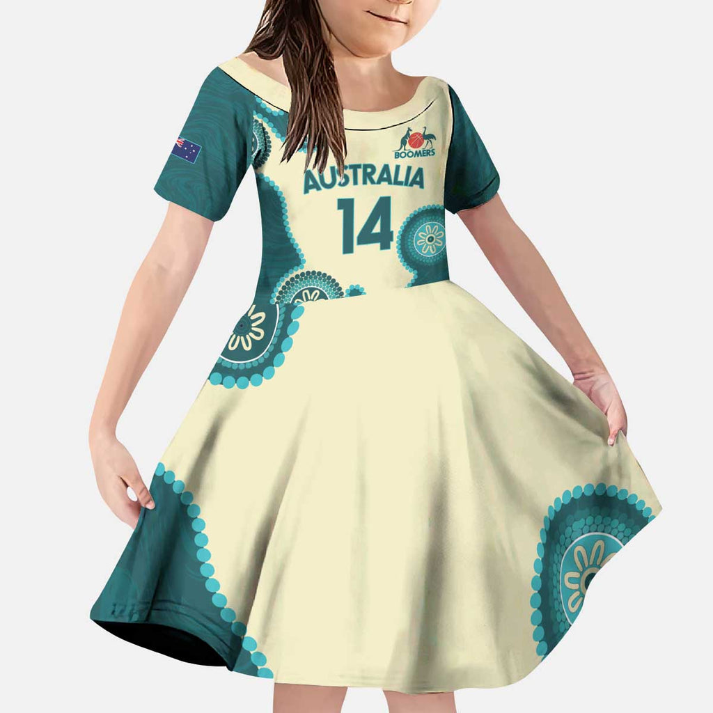 Custom Australia Boomers Kid Short Sleeve Dress Aboriginal With Marble Pattern - Cyan