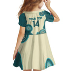 Custom Australia Boomers Kid Short Sleeve Dress Aboriginal With Marble Pattern - Cyan
