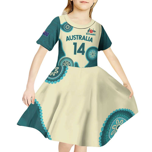 Custom Australia Boomers Kid Short Sleeve Dress Aboriginal With Marble Pattern - Cyan