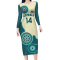 Custom Australia Boomers Long Sleeve Bodycon Dress Aboriginal With Marble Pattern - Cyan